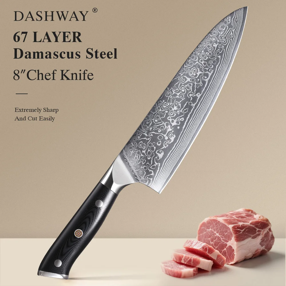 

DASHWAY 8" Professional Chef's Knives Japanese 67 Layer Damascus Steel Super Sharp Meat Vegetable Kitchen Knife Cooking Tools