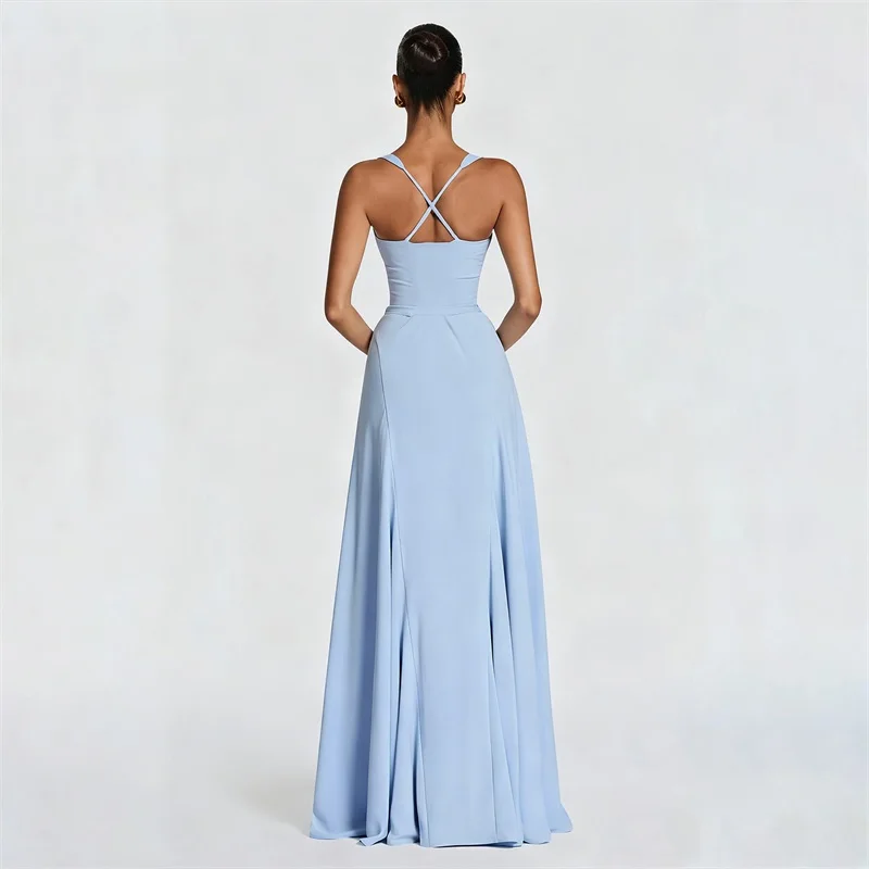 Sexy Light Blue Prom Dress Stripe Sleeveless Long A Line Party Gown Elegant Formal Wedding Guest Birthday Robe