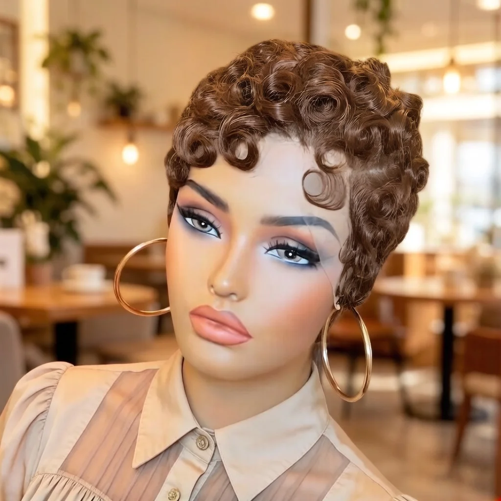 13x4 Full Lace Short Pixie Wave Human Hair Wig Human Hair, Curly Wave,180%Density Daily Wear