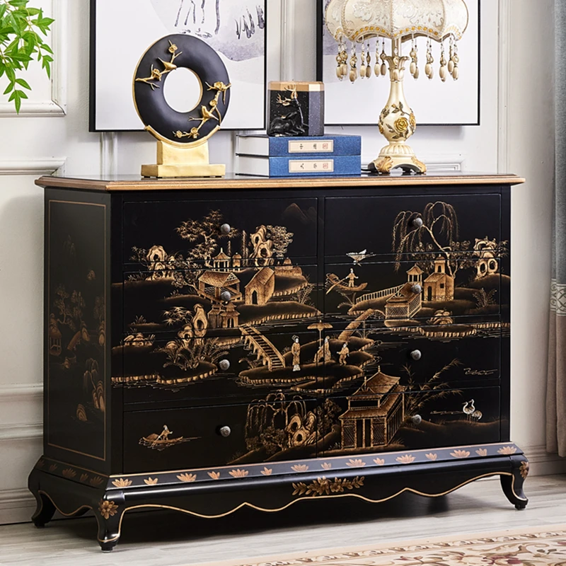 New Chinese style solid wood vintage Ming and Qing dynasty black hand-painted chest of drawers