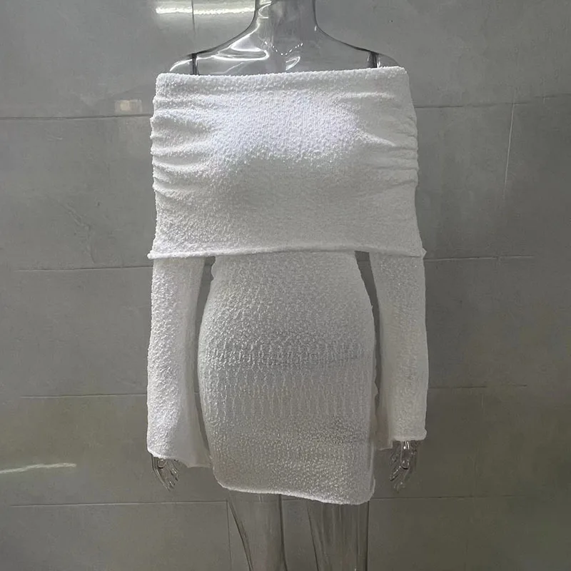 Sexy Off White Shoulder Knitted Dress For Women See Through Bodycon Hollow Out Crochet Sundress Wedding Guest Dresses Beach Outf