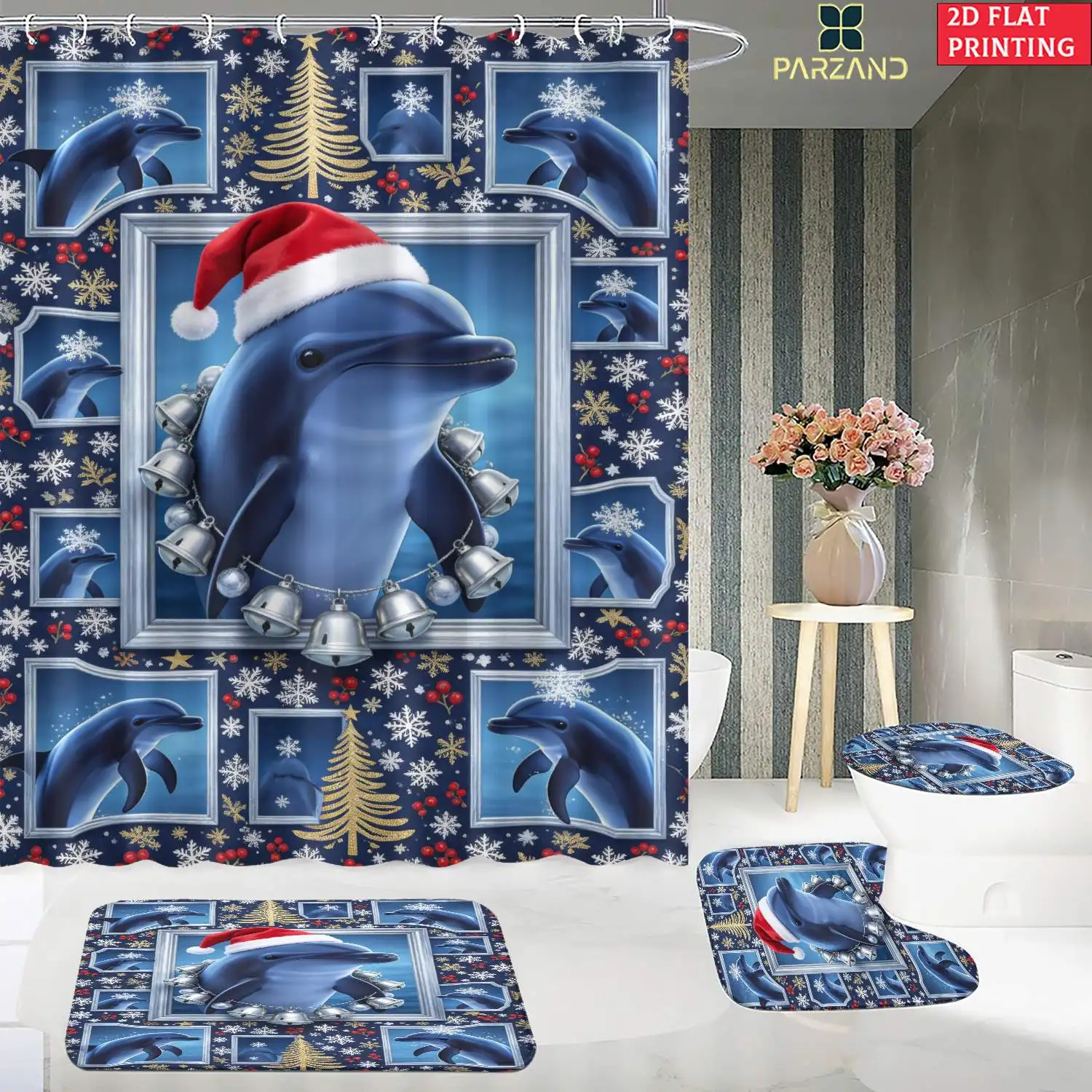 4pc 2D Flat Christmas Shower Curtain Set, Dolphin with Santa Hat Print, 3Pcs Matching Mats, Home & Hotel Bathroom Decor