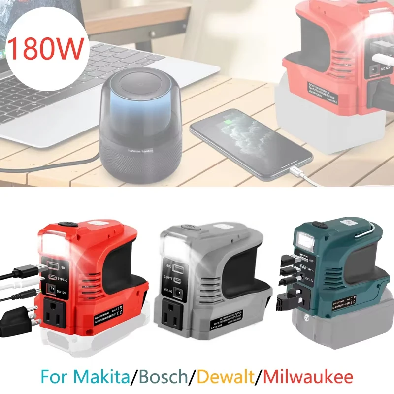 

Адаптер инвертора мощности 180 Вт для аккумулятора Makita/Bosch/Dewalt/Milwaukee 18 В 20 В постоянного тока в преобразователь мощности 110-120 В переменного тока со светодиодной подсветкой
