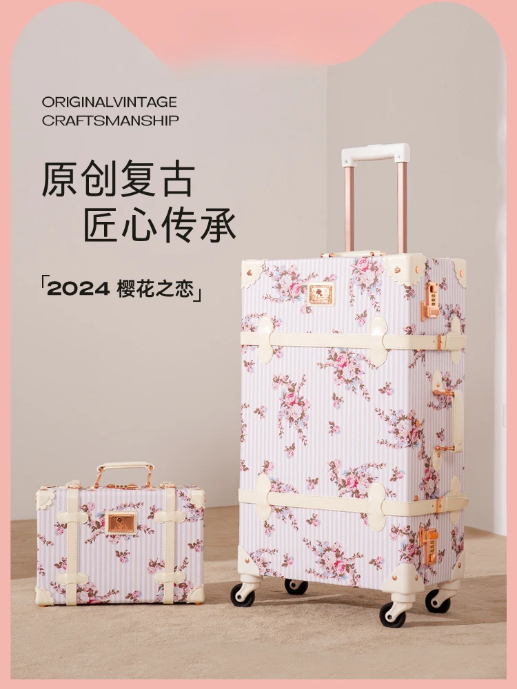 Retro suitcase Women's trolley case Universal wheel floral suitcase Boarding case 20 inch leather bag