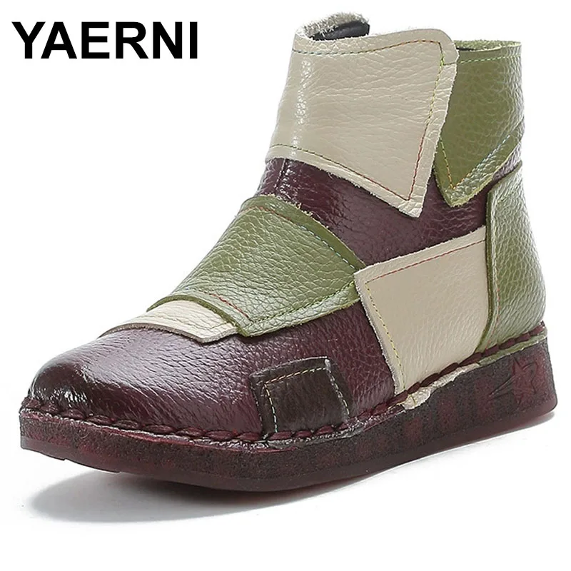 

Mixed Colors Splicing Genuine Leather Boots Flat Sole Cow Tendon Bottom Women's Boots Warm Comfortable Winter Boots
