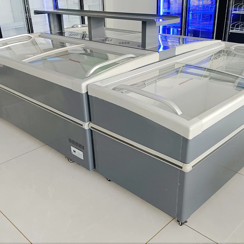 

Supermarket curved glass door display, displaying commercial frozen food deep freezer refrigerator