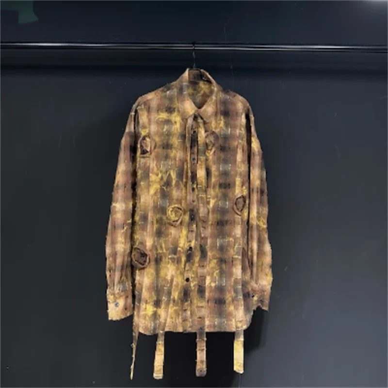 【custom】High quality Tie dye yellow plaid long-sleeved shirt Early Spring 2024 new shirt top coat