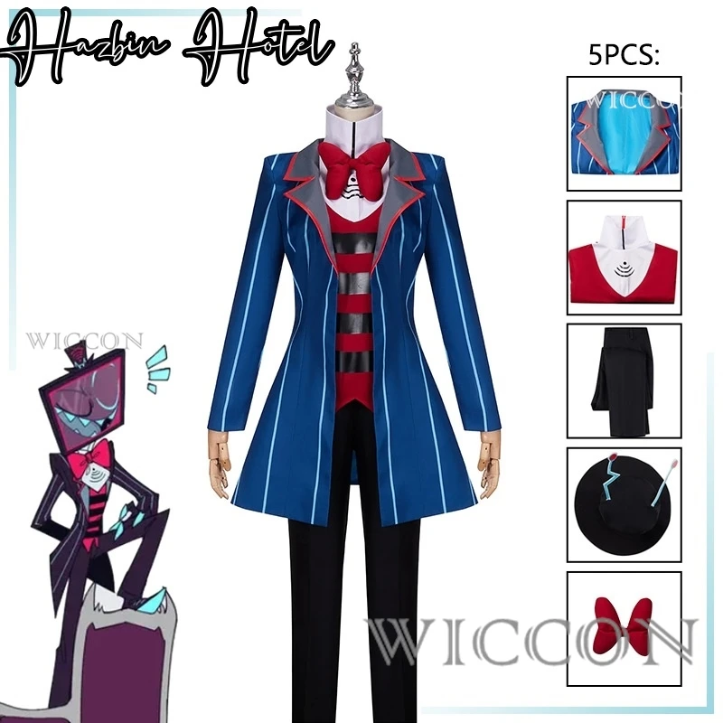 

Anime Hazbin Cos Hotel Cosplay Costume Clothes Hat Uniform Cosplay Coat Bow Tie Trousers Undergarment Halloween Party Unisex Set