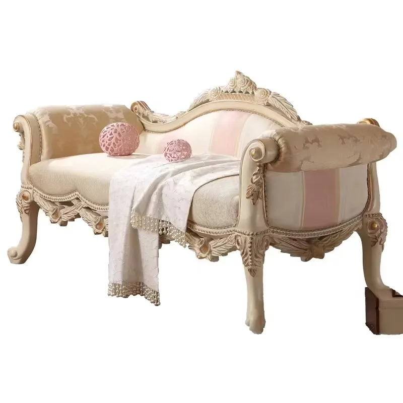 French light luxury carved high-end palace style bedroom solid wood fabric bed stool for shoe stool