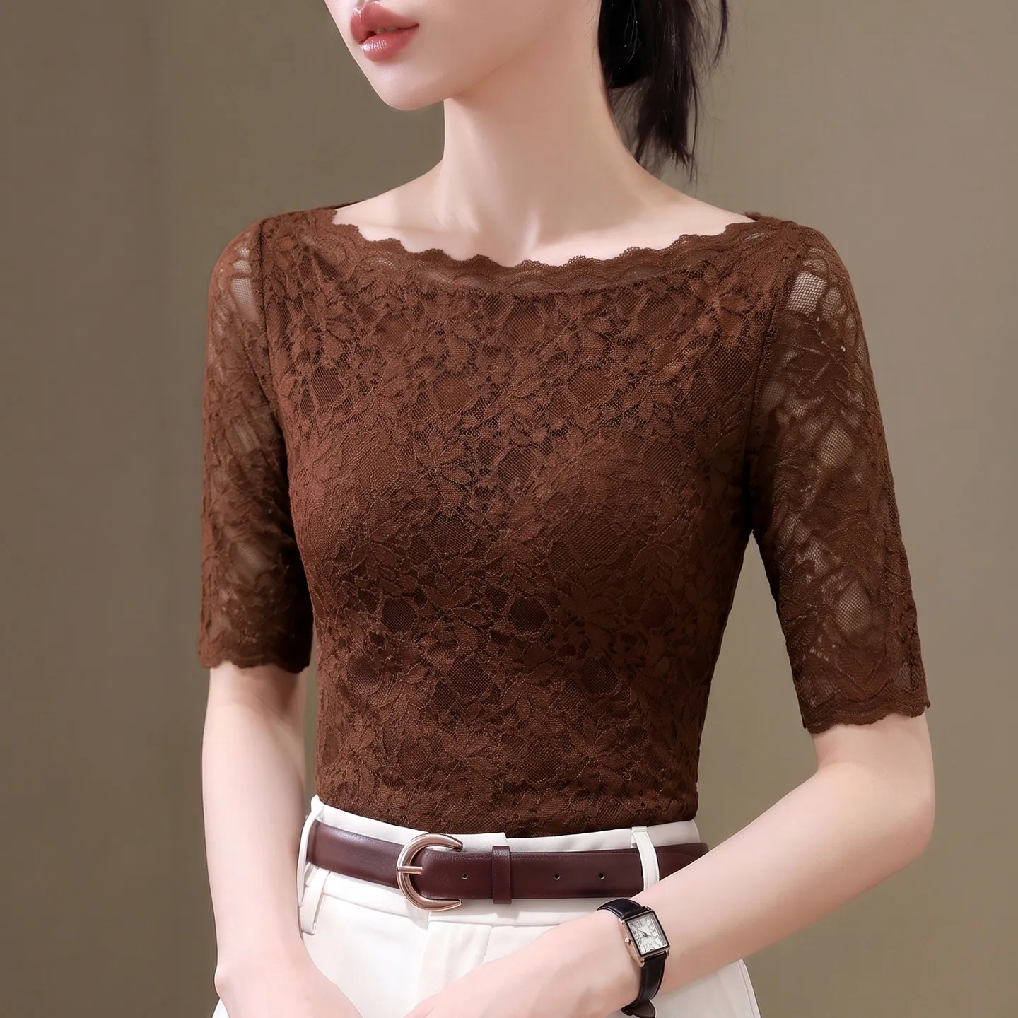 2026 New Spring Autumn Lace Half Sleeve T-shirt Women Slim Thin Seven-quarter Sleeve Mesh Top
