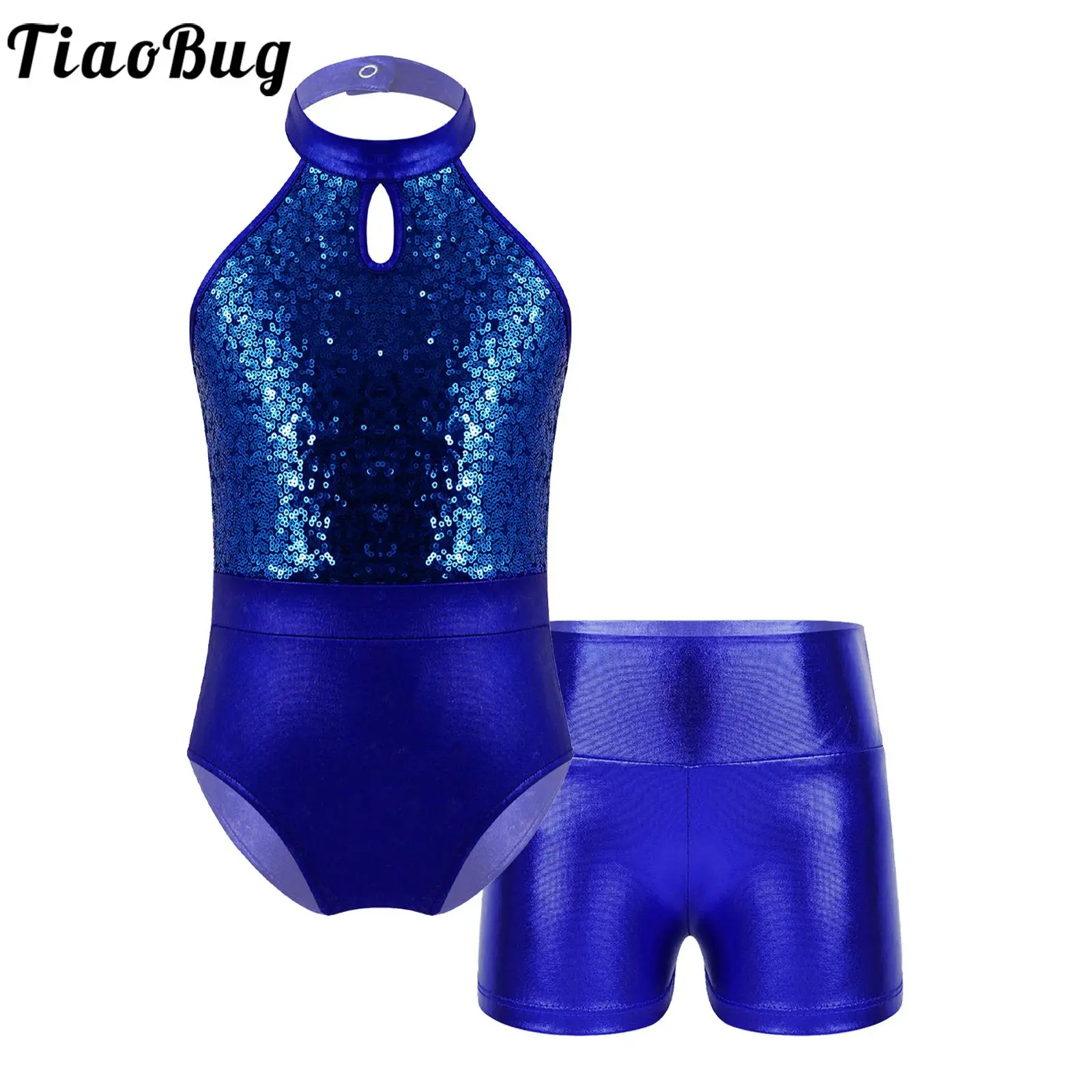 Body da ginnastica con paillettes body con pantaloncini Set per ragazze Kid Halter senza maniche Ballet Dance tuta da pattinaggio artistico Unitard