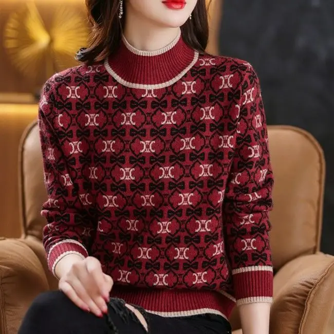 Autumn and Winter Women's Contrast Color Half High Collar Long Sleeve Geometric Sweaters Jumpers Vintage Fashion Casual Tops