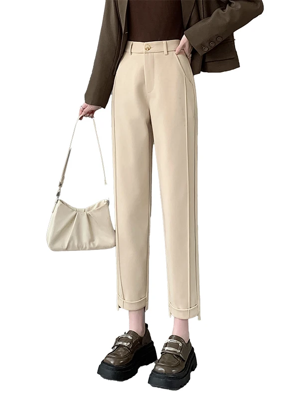 Pantalones Harlan de pierna recta de cintura alta de lana de Color puro Otoño Invierno pantalones casuales sueltos adelgazantes de nueve tubos para mujeres de talla grande