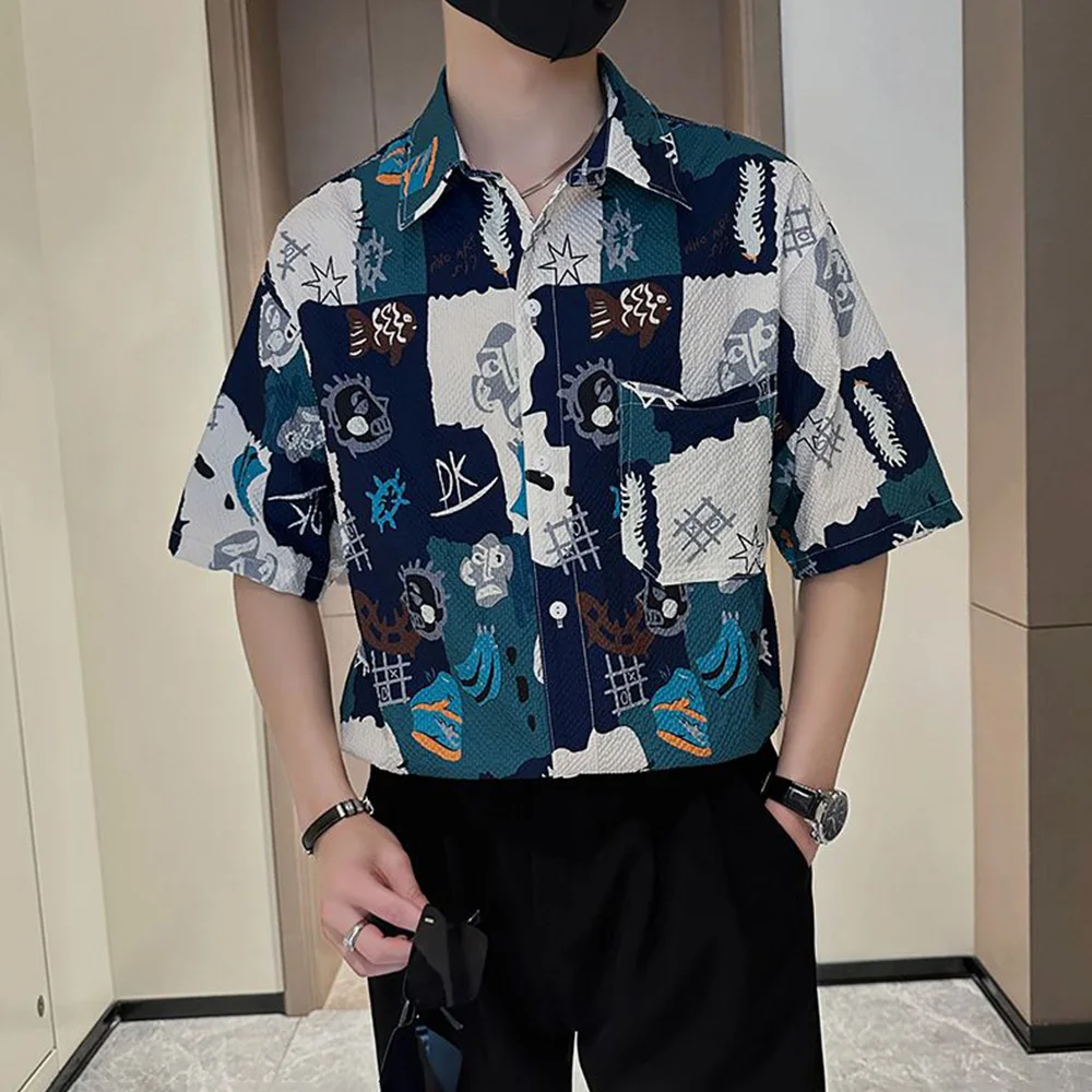 Mens Short Sleeve Shirts Fashion Diverse Prints Casual Colorful Youth Versatile Loose Trendy Korean Style Tops The Summer 2024