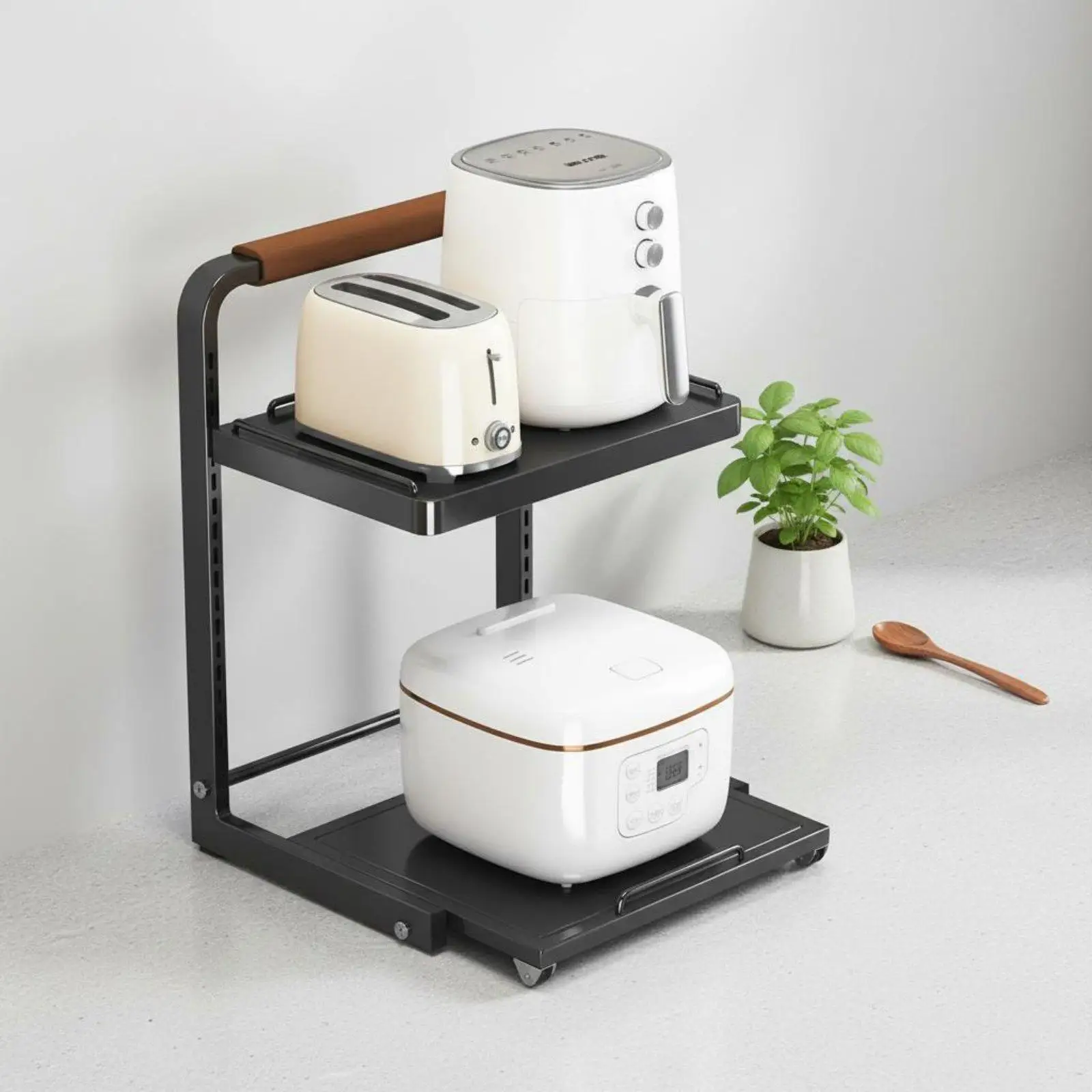 Rice Cooker Air Fryer Rack 2-Tier Pull-out Kitchen Shelf Non-Slip Feet Adjustable Appliance Storage Rack