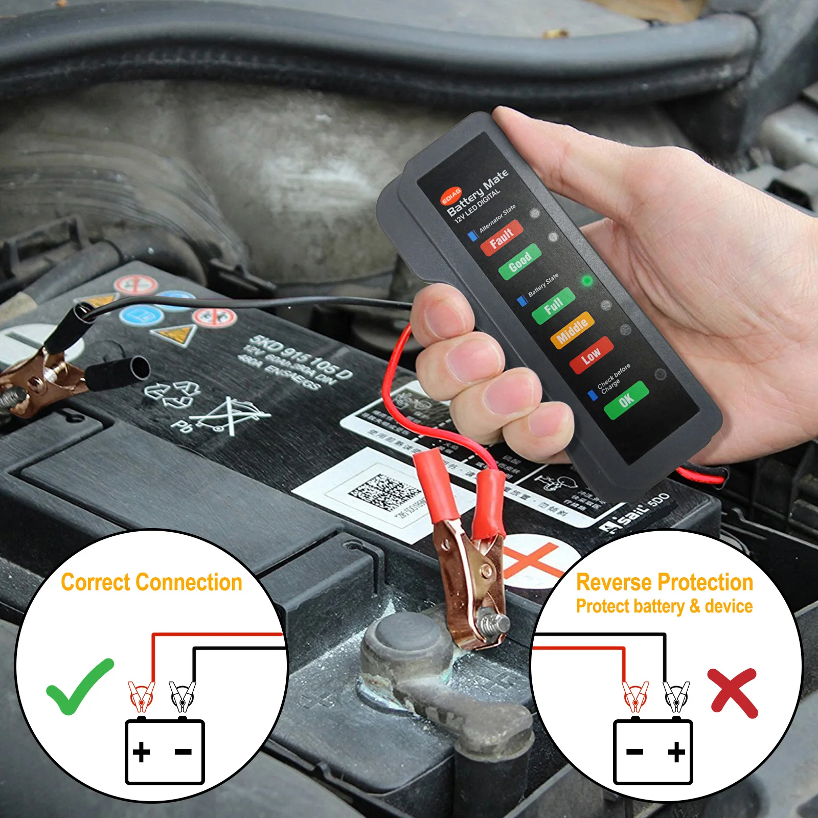 Mini 12V Tester akumulatora samochodowego cyfrowy Tester alternatora 6 wyświetlacz z podświetleniem LED narzędzie diagnostyczne do samochodów dla