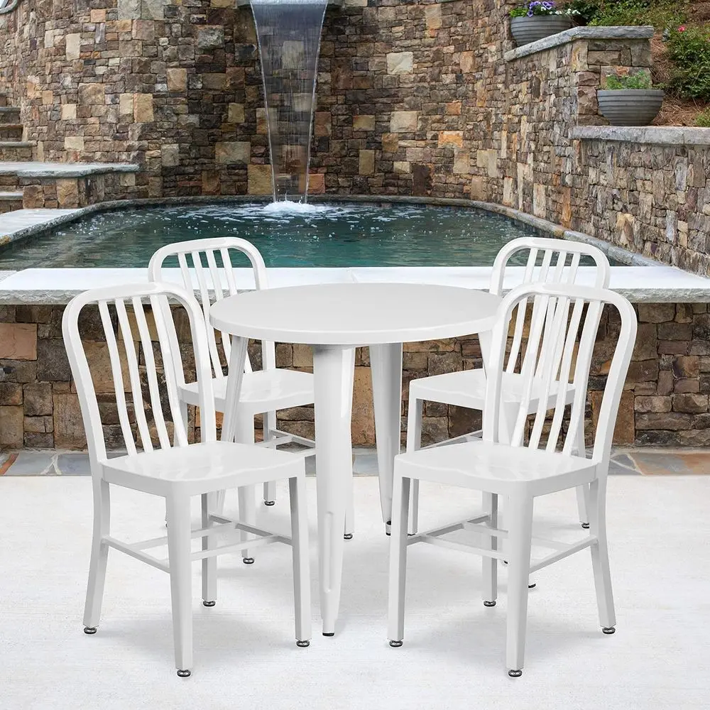 

30 Round White Metal Dining Table Set with 4 Veal Slat Back Chairs