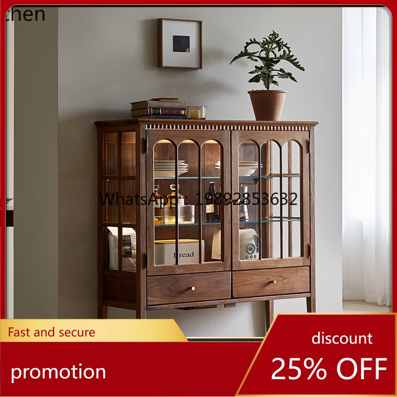 

HXL all-solid wood glass wine cabinet retro display cabinet guest restaurant with lamp figure side ceramic storage