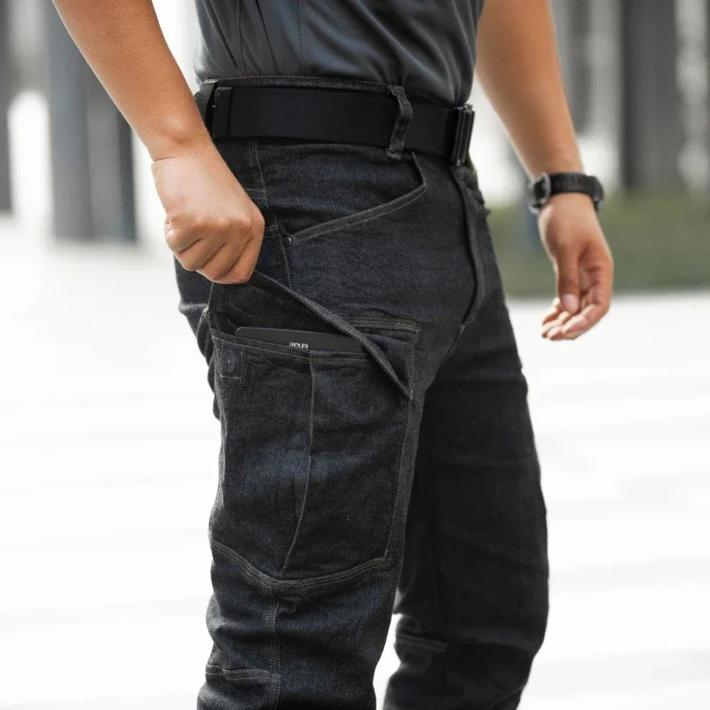 Mens Tactical Jeans Military Denim Cargo Pants Multi-pocket Elastic Casual Work Trousers Outdoor Combat Training Hiking Pants