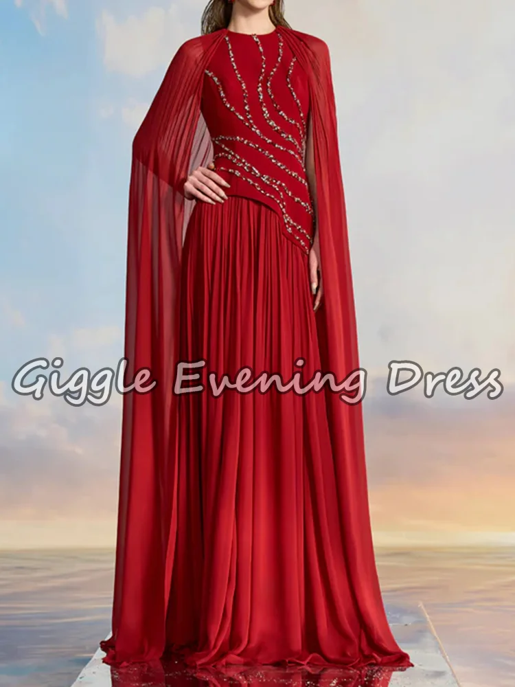 Giggle elegante vestido de noche rojo de gasa con cuello redondo drapeado manga casquillo rebordear vestido de ocasión Formal de graduación de lujo personalizado