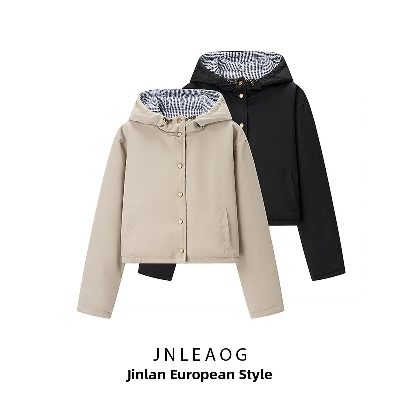 

JNLEAOG Faionable Double-Sided Wear Cotton Jaet with Hood Autumn New Arrival Women's Clothing Straight Cut Long Sve Zi...