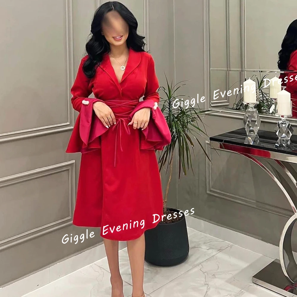 

Giggle Satin V-Neck Beading Flare Sleeve Elegance Prom Gown Saudi Arab Ribbons Knee-Length Evening Party Dresses for Women 2024