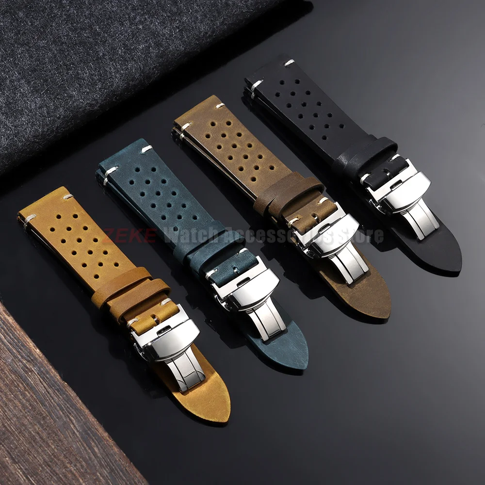 18mm 19mm 20mm 21mm 22mm 24mm Breathable Porous Watchbands Vintage Racing Leather Watch Strap for Seiko for Rolex Wristband Belt