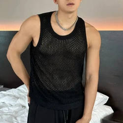 Mens Sexy Hollow Mesh Knitted Vest Genderless 2024 New Nightclub Niche Casual Solid Color Sleeveless Knitted Tank Top Unisex