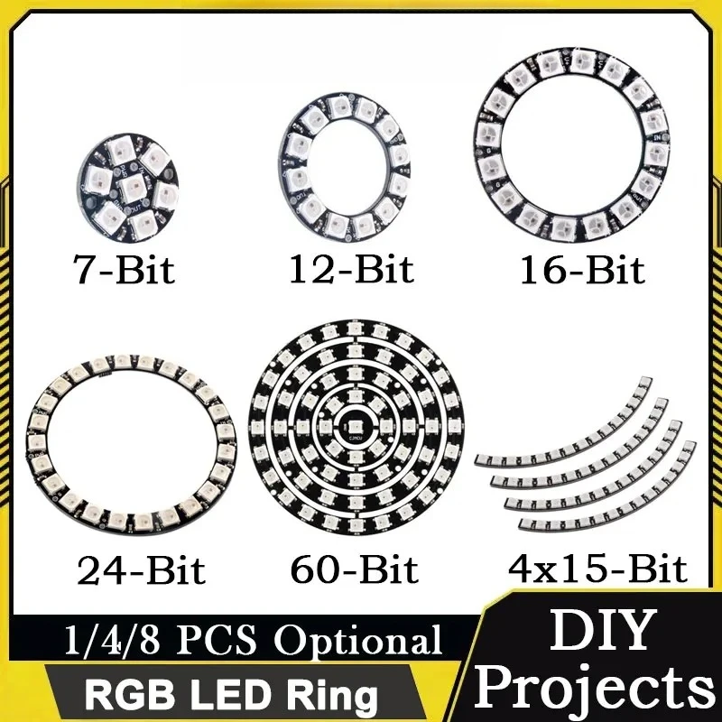 1/4/8 PCS 7/12/16/24/60 Bits WS2812B 5050 RGB LED Ring Programmable Lamp Round Pixel Light Arduino Raspberry Pi Compatible