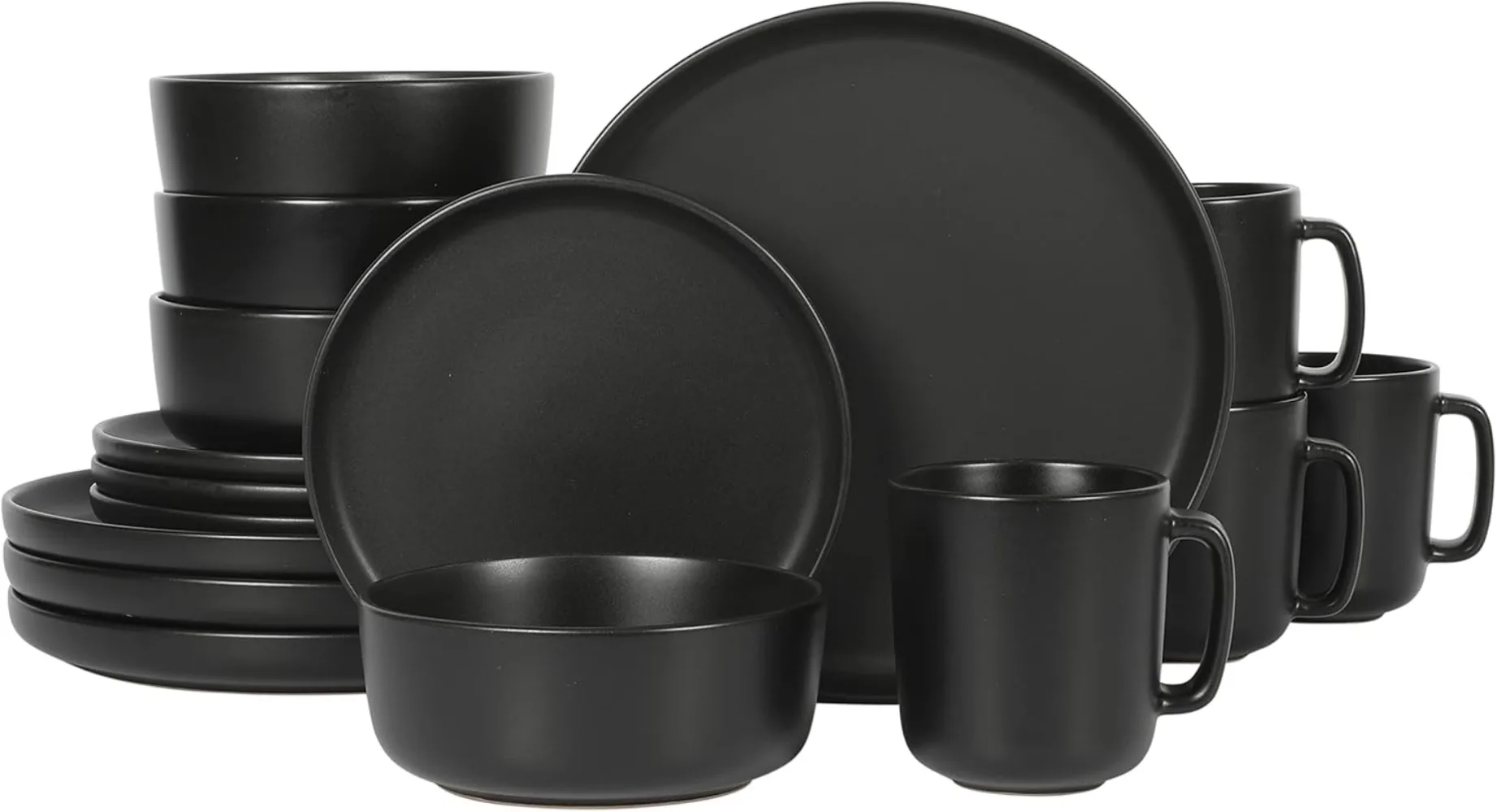 

Stoneware Plates, Bowls, & Mugs Dinnerware Set - Matte Black, Service for Four (16pcs)