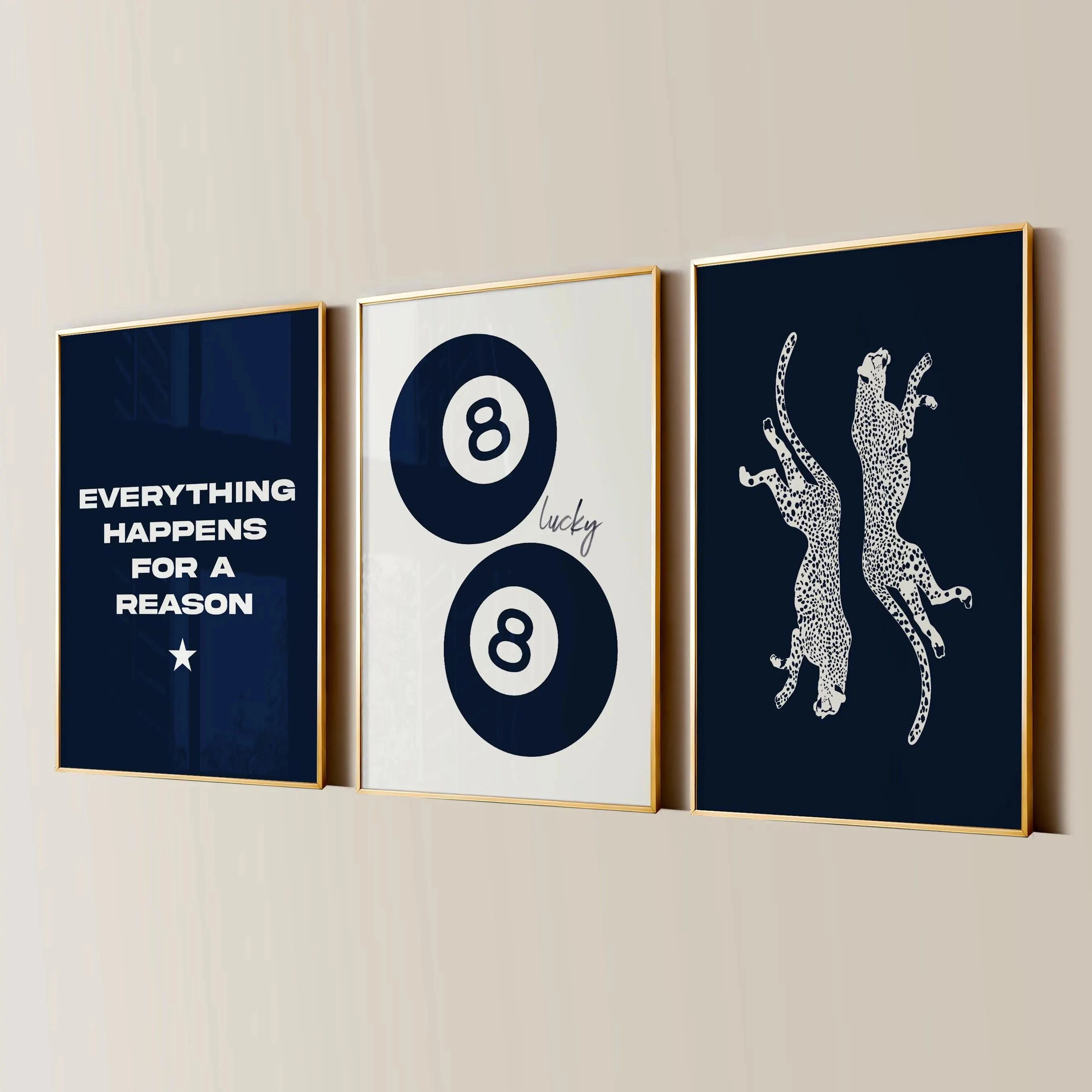 Lienzo de 8 bolas de leopardo azul marino, arte de pared, póster con estampado de animales Retro para decoración de Bar en casa, pintura moderna para sala de estar y dormitorio