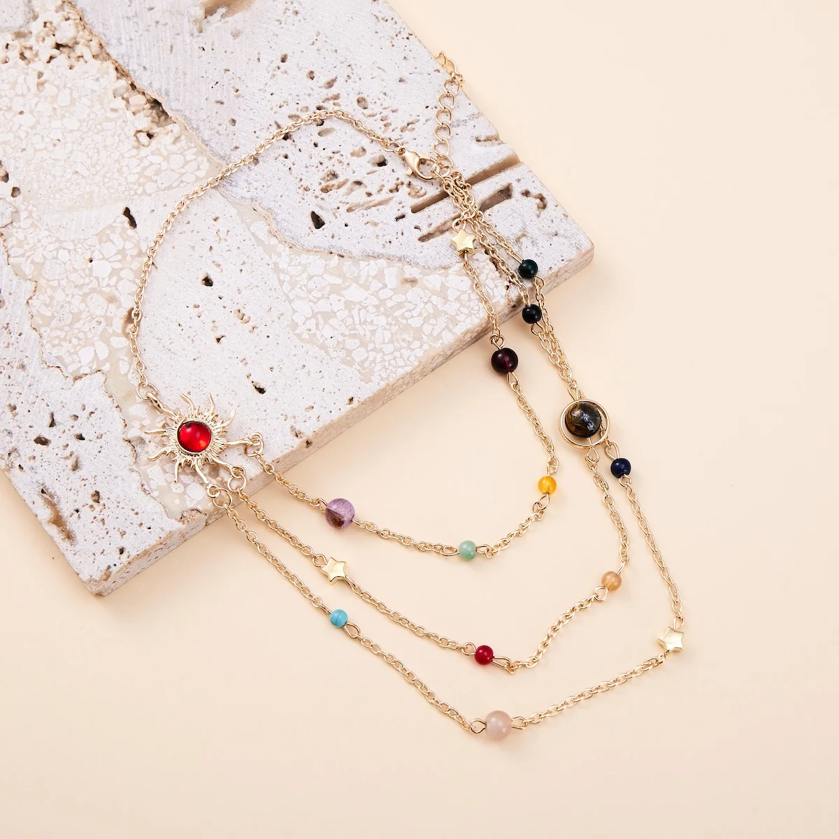 Personality Designer Three-layer Necklace for Women Vintage Sun And Star Gold Color Pendants Round Beads Ladies Jewelry Necklace