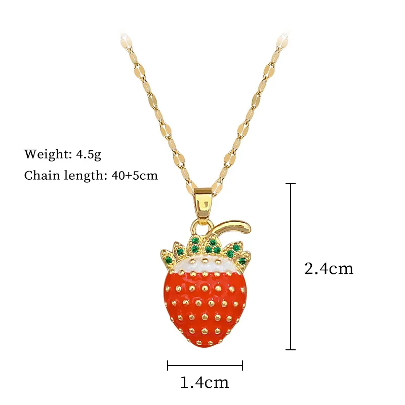 Sweet Cute Red Strawberry with Zircon Necklaces for Women Girls Stainless Steel Chain Fruit Jewelry Accessories Gifts for Lover