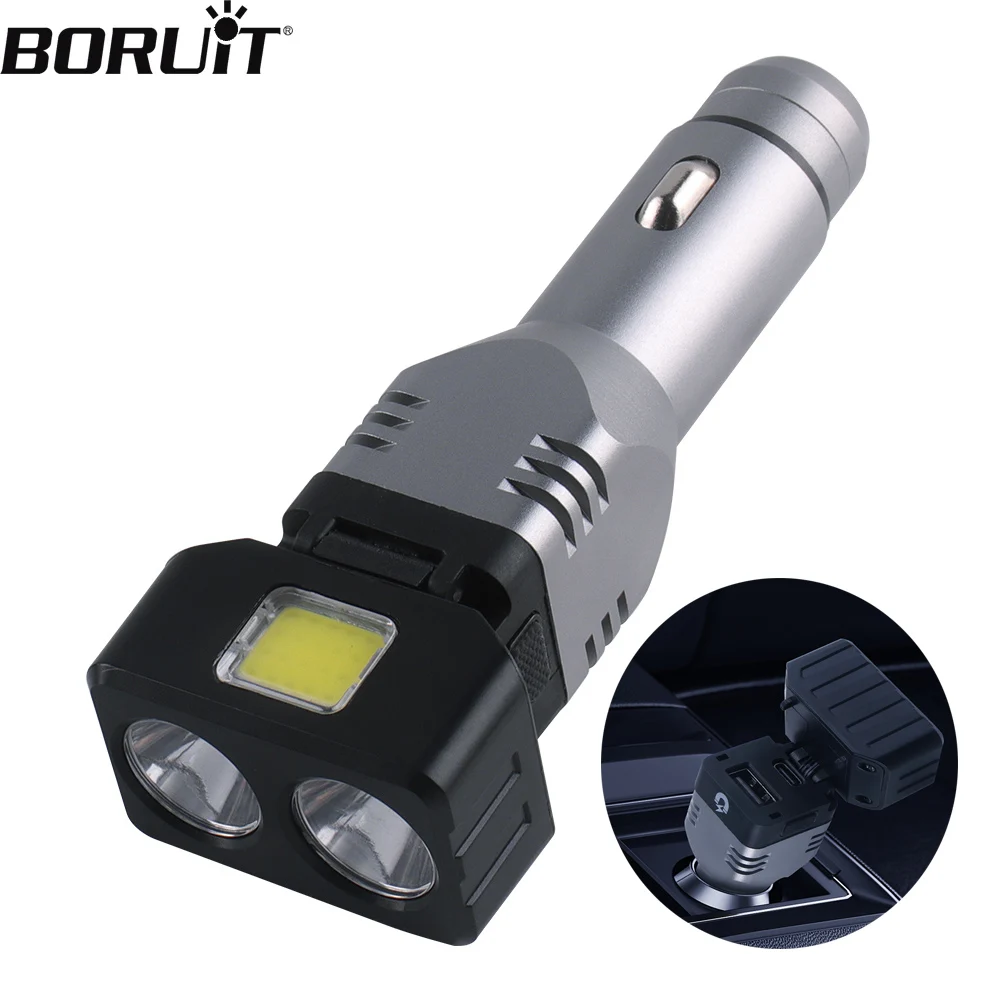 BORUiT Car Charger LED Flashlight XP-G & COB Type-C Rechargeable Work Light with Magnet Emergency Lighting Breakable Window