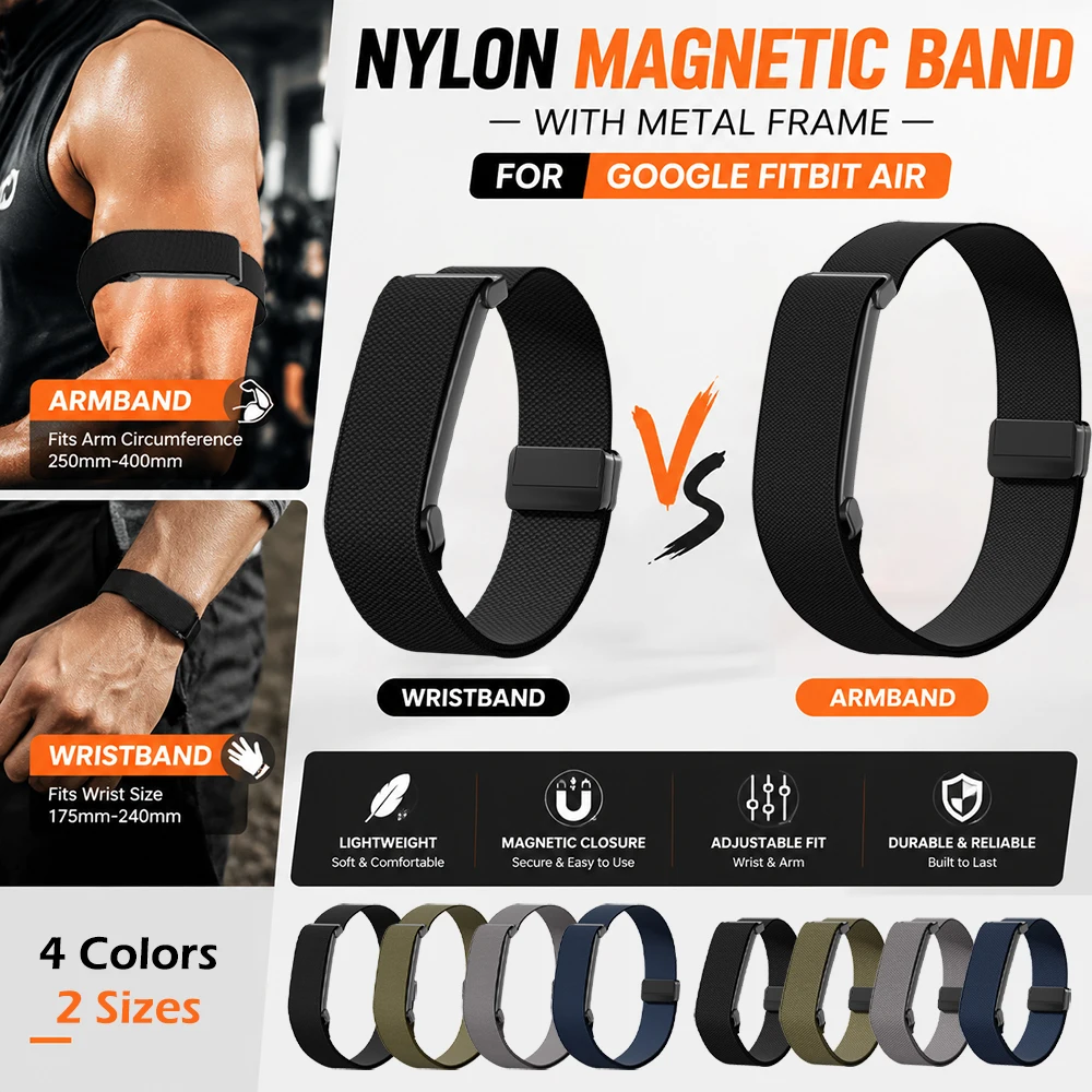 Integrierter Metallrahmen mit Nylonband für Google Fitbit Air, 2-teiliges Armband + Armband-Kombination, leichtes, weiches Sport-Ersatzband
