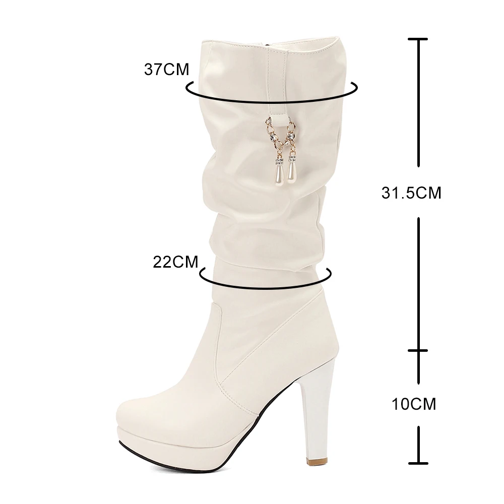 Retro women round toe platform boots pleated knee high boots winter Thin High Heel boot ladies chunky heel shoes 2024 New