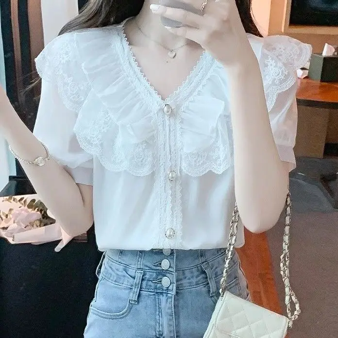 New Sweet and Elegant Lace Ruffled Solid Color V-neck Short-sleeved Chiffon Shirt Top