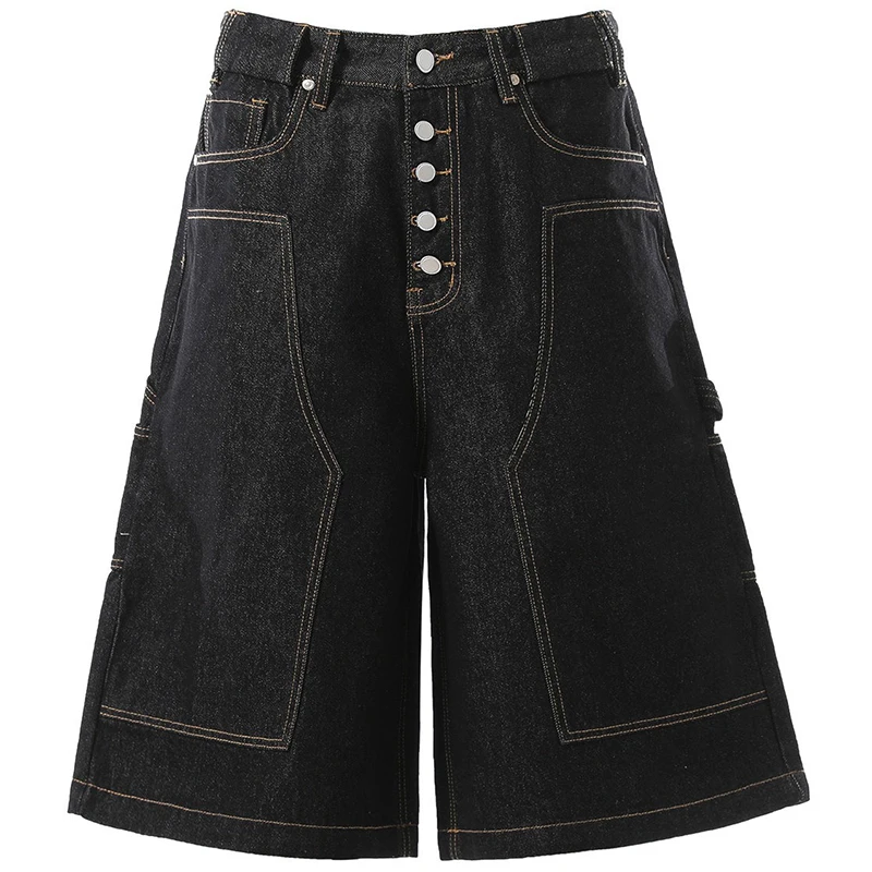 Men's Multi-Button Design Jeans Shorts American Vintage Street Fashion Loose Straight-Leg Denim Shorts Y2k Streetwear Jeans Male