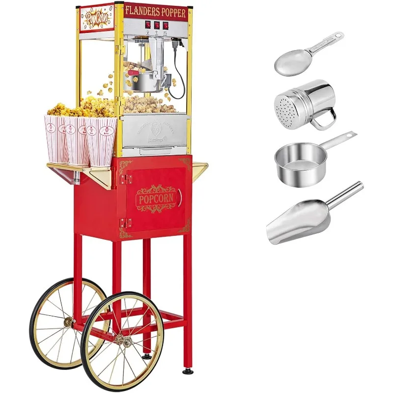 

Popcorn Machine with Cart, Wheels & 8 Oz Kettle Makes Up to 32 Cups,Stainless Steel Scoop,Oil Spoon & 3 Popcorn Cups,Red