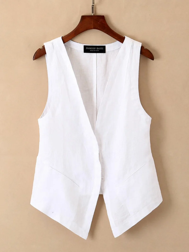 Ladies' ort Linen Vest Spring Summer Autumn Outerwear Ele Breathable Cotton Linen Jaet V-Ne Single Button Design