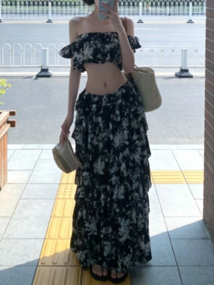 

French Style Summer Sexy Floral 2 Piece Sexy Women Chic Y2k Slash Neck Tops + Low Waist Long Skirt Japanese Beach Fashion Outfit