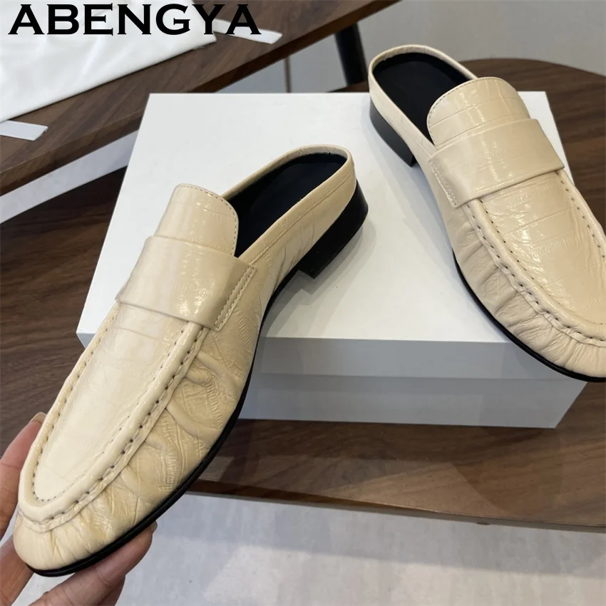 

Genuine Leather Flats Slippers Woman Quality Round Half Toe Casual Mules Slippers Summer Fashion Suit loafers Shoes for Women