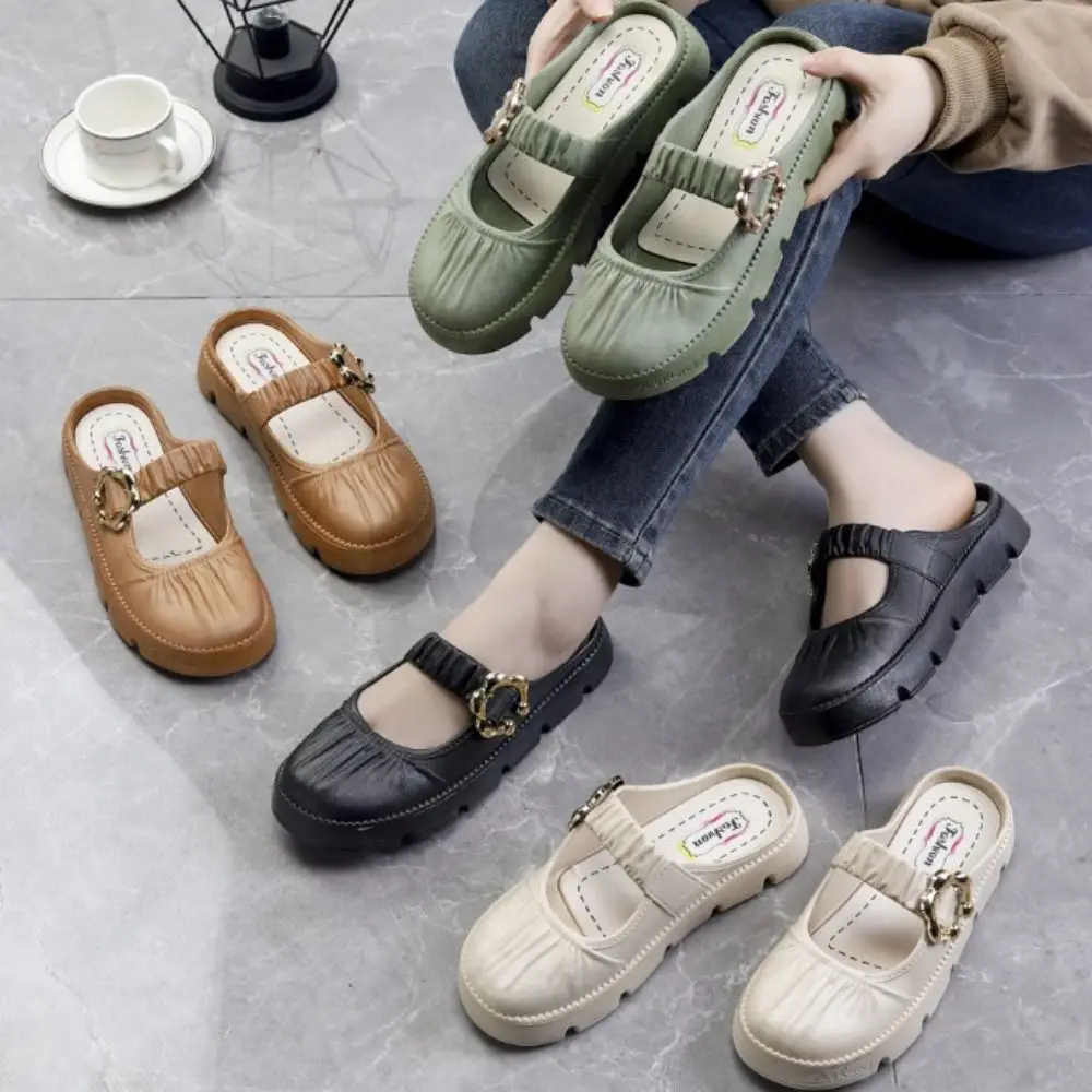 

Korean Style Anti Slip Flat Slippers Women Round Toe Sweet Slides Sandals Soft Soled Shoes PU Leather Slippers Summer