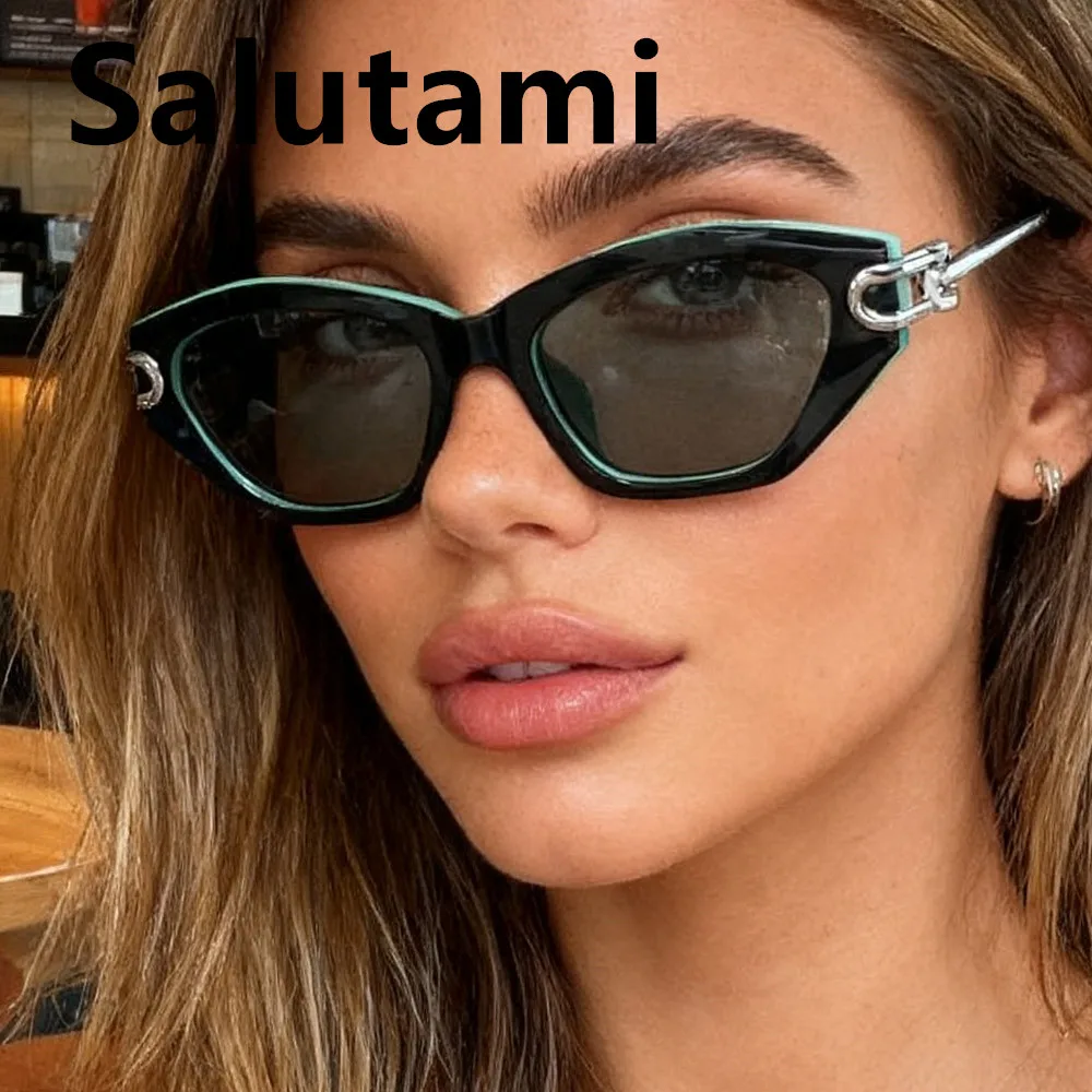 Vintage Mode Patchwork Knotenbein Cat-Eye Sonnenbrille für Damen, Markenlegierung, Schwarz-Blau-Verlauf, Damen UV400 Sonnenbrillen