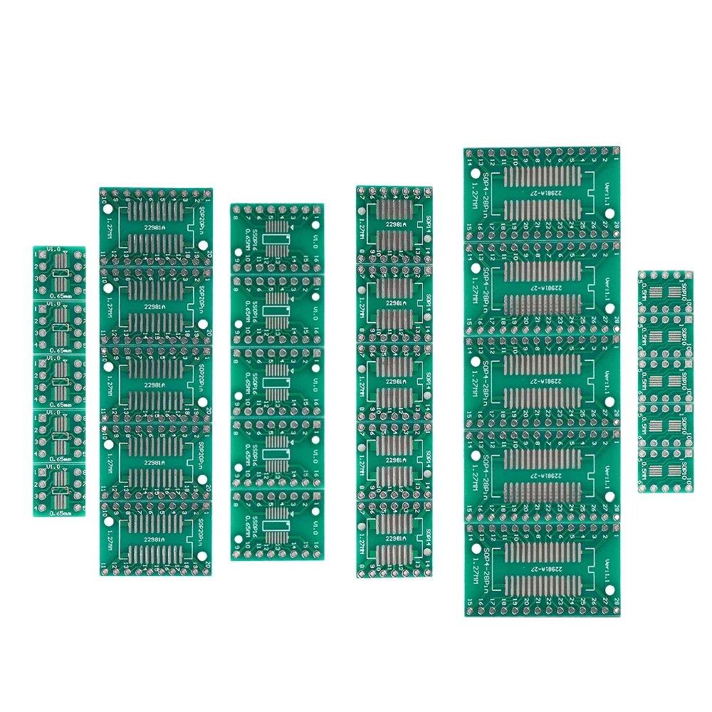 PCB SMD Ligue para conversor adaptador DIP, Protoboard eletrônico, SOP8, MSOP10, SOP14, SOP16, SOP20, SOP24, SOP28, 7 tipos, 35pcs