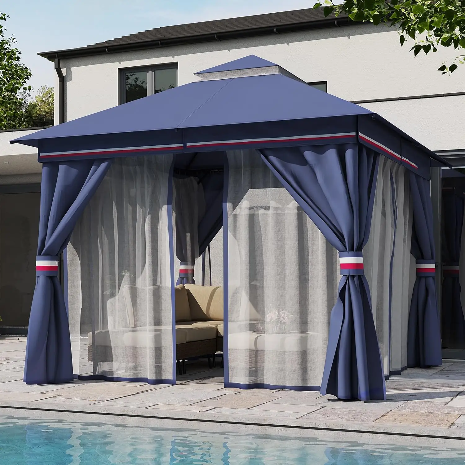 

Semi Permanent Patio Gazebo 10'x10' with Expansion Bolts Outdoor Heavy Duty Party Tent with Double Roofs Mosquito Nettings and P