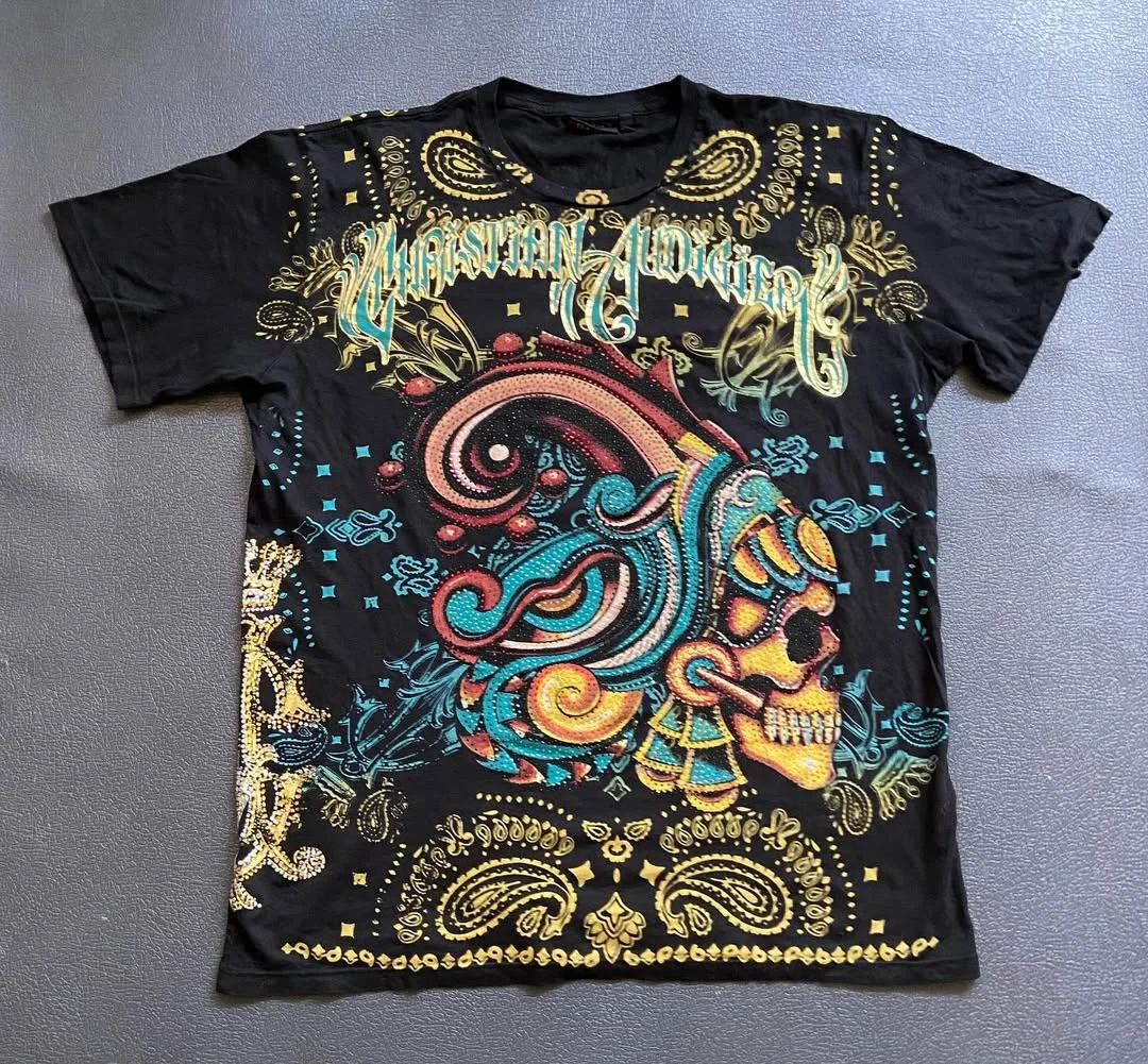 90s Pirate Skull Printing T-Shirt Mens American Hip Hop West Coast Retro Tops Rock Graffiti Harajuku Street Wear