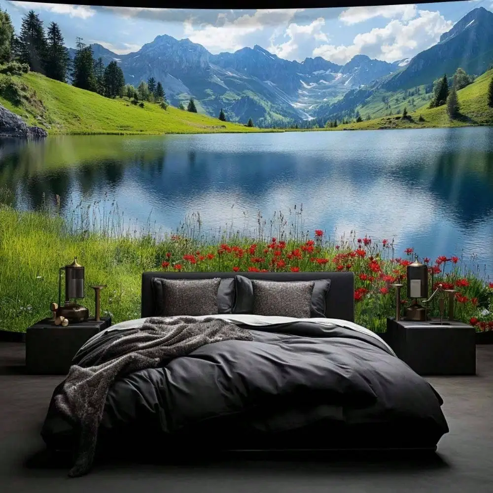 

1 шт., горный гобелен, озеро, пейзаж, настенный природный пейзаж для спальни, гостиной, общежития, сезон «Снова в школу», осенние подарки