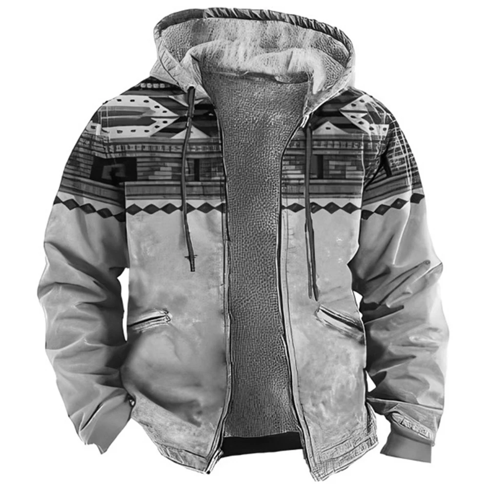 Men's Winter Jacket Vintage Fleece Male Coat Warm Hoodies For Men Tribal Ethnic Print Holiday Outerwear Chamarras Para Hombre