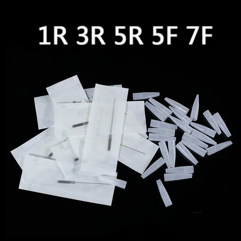 

100PCS PMU Needles + Needle Tips Permanent Makeup Needle Caps Nozzle for Sunshine Eyebrow Tattoo Machine 1R 3R 5R 5F 7F Needle